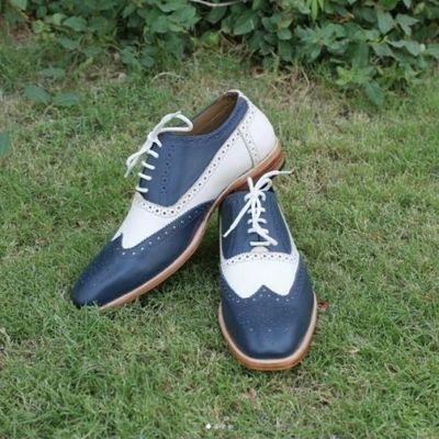 Handmade men two tone shoes, men white and navy spectator shoe, wingtip shoes