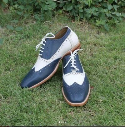 Handmade men two tone shoes, men white and navy spectator shoe, wingtip shoes