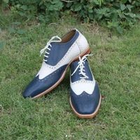 Handmade men two tone shoes, men white and navy spectator shoe, wingtip shoes - Thumbnail 1