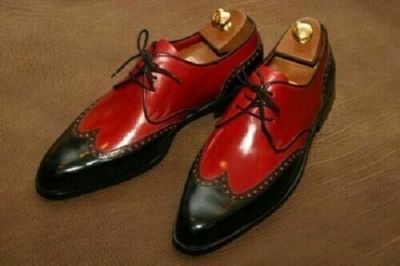 Handmade Two Tone Red Black Contrast Wing Tip Rounded Toe Leather Shoes