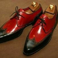 Handmade Two Tone Red Black Contrast Wing Tip Rounded Toe Leather Shoes - Thumbnail 1