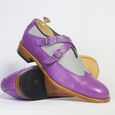 Handmade men's purple wing tip double monk leather & denim shoes  - Thumbnail 3