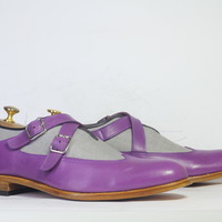 Handmade Men's Purple Wing Tip Double Monk Leather & Denim Shoes  - Thumbnail 1