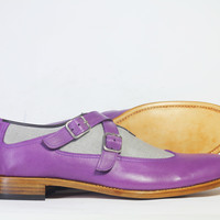 Handmade Men's Purple Wing Tip Double Monk Leather & Denim Shoes  - Thumbnail 3