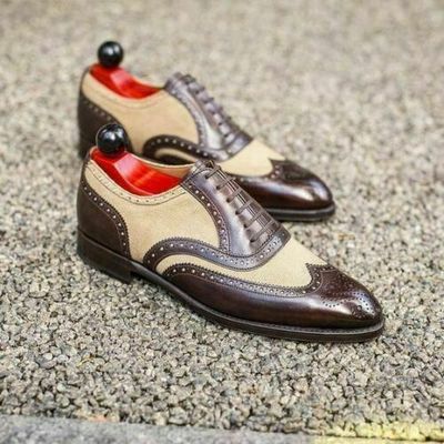 Men's Handmade Brown & Beige Oxford Formal Dress Wingtip Leather Shoes
