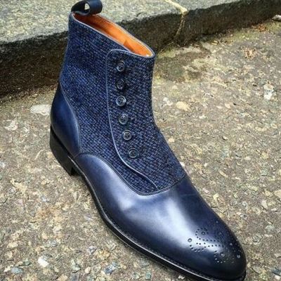 Handmade men’s blue color button boots, leather & tweed high ankle boots - Thumbnail 4