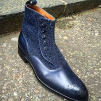 Handmade Men’s Blue Color Button Boots, Leather & Tweed High Ankle Boots - Thumbnail 1