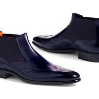 Handmade Men's Half Ankle Chelsea Boot,Men's Blue Leather Wing Tip Chelsea Boot - Thumbnail 3