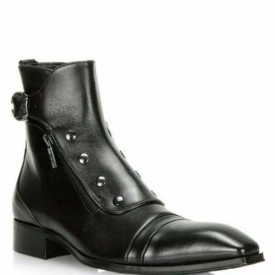 Men's black leather hand patina ankle high boot men's black leather dual zipper - Thumbnail 4