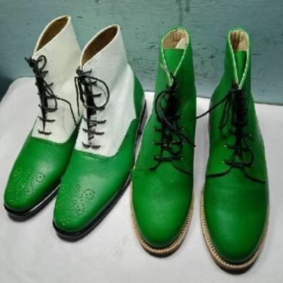 Handmade men green leather ankle boots, men's white ankle boots 2 pair hot sale - Thumbnail 5