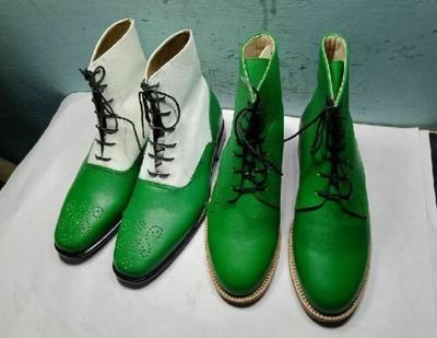 Handmade Men Green leather ankle boots, Men's White ankle boots 2 PAIR HOT SALE