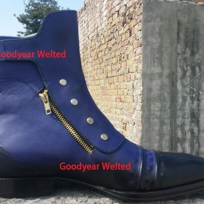 Men's purple leather hand patina ankle high boot men purple leather dual zipper - Thumbnail 5