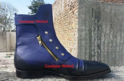 Men's Purple leather hand patina ankle high boot men Purple leather dual zipper