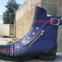 Men's Purple leather hand patina ankle high boot men Purple leather dual zipper - Thumbnail 1