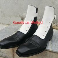 Men's Black leather hand patina ankle high boot men White leather dual zipper - Thumbnail 1