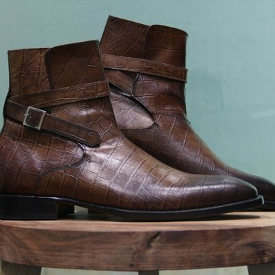 Handmade men alligator skin jodhpurs boot men brown crocodile texture boots - Thumbnail 4