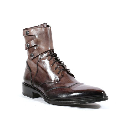Men's brown leather hand patina ankle high boot men's brown leather button boot - Thumbnail 4