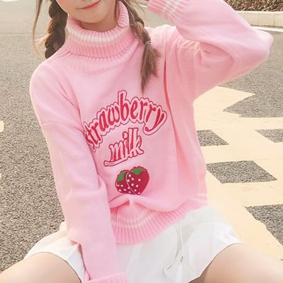 Pastel pink strawberry milk embroidery turtleneck sweater