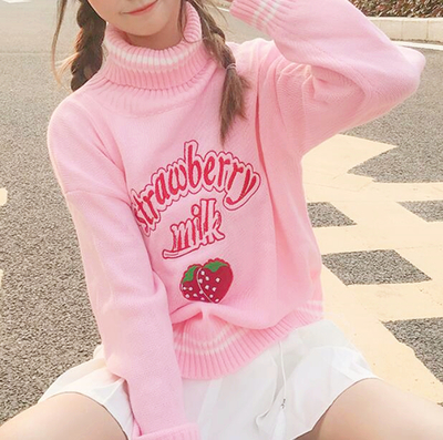 Pastel Pink Strawberry Milk Embroidery Turtleneck Sweater