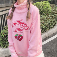 Pastel Pink Strawberry Milk Embroidery Turtleneck Sweater - Thumbnail 1