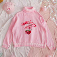 Pastel Pink Strawberry Milk Embroidery Turtleneck Sweater - Thumbnail 2