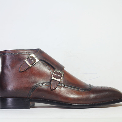 Handmade brown square toe brogue double monk straps leather shoes  - Thumbnail 4