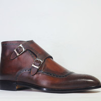 Handmade Brown Square Toe Brogue Double Monk Straps Leather Shoes  - Thumbnail 1