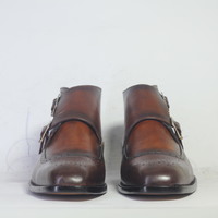 Handmade Brown Square Toe Brogue Double Monk Straps Leather Shoes  - Thumbnail 3