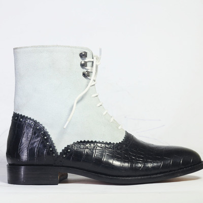 Handmade white & black ankle high alligator leather suede lace up boot for men's - Thumbnail 1