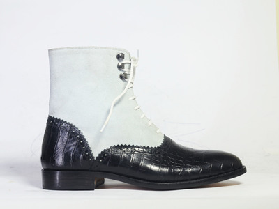 Handmade White & Black Ankle High Alligator Leather Suede Lace Up Boot For Men's