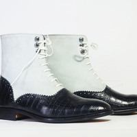 Handmade White & Black Ankle High Alligator Leather Suede Lace Up Boot For Men's - Thumbnail 1