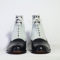 Handmade White & Black Ankle High Alligator Leather Suede Lace Up Boot For Men's - Thumbnail 3