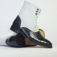 Handmade White & Black Ankle High Alligator Leather Suede Lace Up Boot For Men's - Thumbnail 2