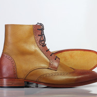 Handmade Tan Ankle High Wing Tip Brogue Leather Lace Up Boot For Men's - Thumbnail 3