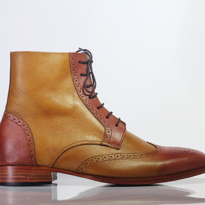 Handmade tan ankle high wing tip brogue leather lace up boot for men's - Thumbnail 4