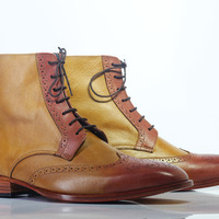 Handmade Tan Ankle High Wing Tip Brogue Leather Lace Up Boot For Men's - Thumbnail 2