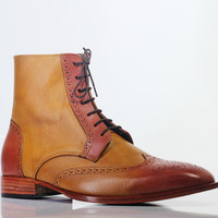 Handmade Tan Ankle High Wing Tip Brogue Leather Lace Up Boot For Men's - Thumbnail 1