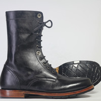 Handmade Black Ankle High Leather Lace Up Boot For Men's - Thumbnail 2