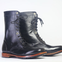 Handmade Black Ankle High Leather Lace Up Boot For Men's - Thumbnail 1