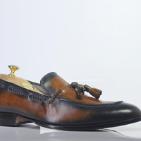 Handmade Brown Tussle Leather Loafers Shoes For Men's - Thumbnail 3