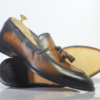 Handmade Brown Tussle Leather Loafers Shoes For Men's - Thumbnail 1