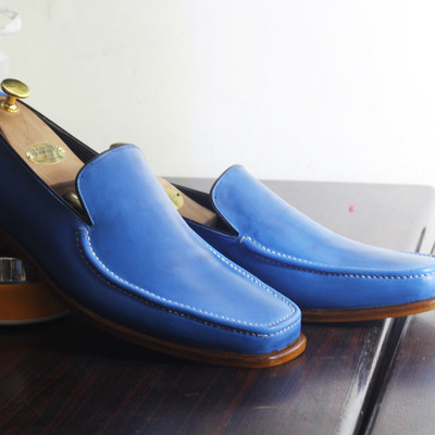 Handmade blue leather loafers shoes for men's - Thumbnail 2