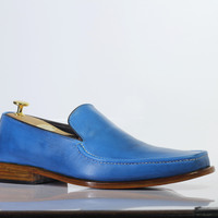 Handmade Blue Leather Loafers Shoes For Men's - Thumbnail 2