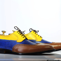 Handmade Multi Color Wing Tip Brogue Lace Up Leather Shoes For Men's - Thumbnail 2
