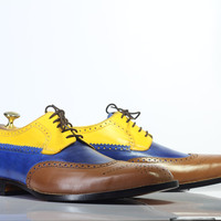 Handmade Multi Color Wing Tip Brogue Lace Up Leather Shoes For Men's - Thumbnail 4