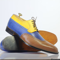 Handmade Multi Color Wing Tip Brogue Lace Up Leather Shoes For Men's - Thumbnail 1
