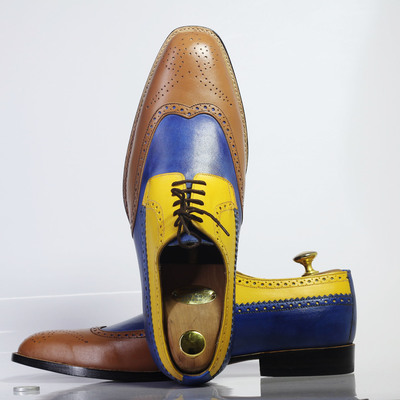Handmade multi color wing tip brogue lace up leather shoes for men's - Thumbnail 3