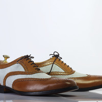 Handmade Brown & White Wing Tip Brogue Lace Up Leather Shoes For Men's - Thumbnail 3