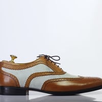 Handmade Brown & White Wing Tip Brogue Lace Up Leather Shoes For Men's - Thumbnail 2
