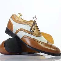 Handmade Brown & White Wing Tip Brogue Lace Up Leather Shoes For Men's - Thumbnail 1